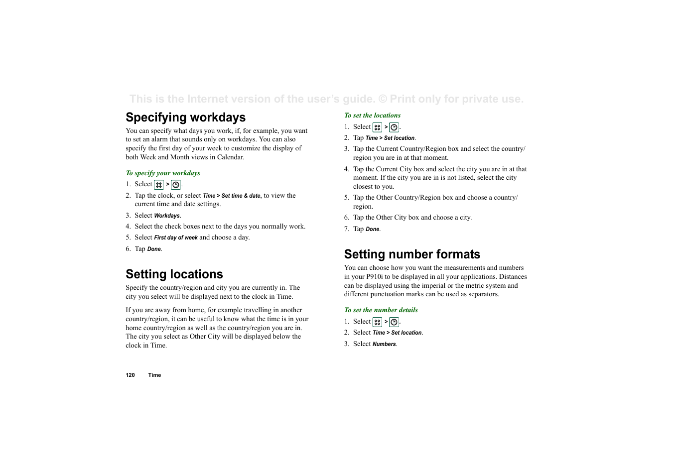 Specifying workdays, Setting locations, Setting number formats | Setting locations setting number formats | Sony Ericsson P910i User Manual | Page 120 / 204