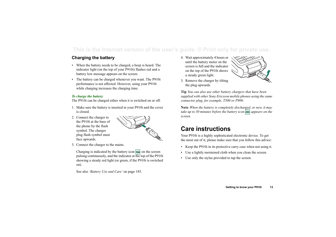 Charging the battery, Care instructions | Sony Ericsson P910i User Manual | Page 13 / 204
