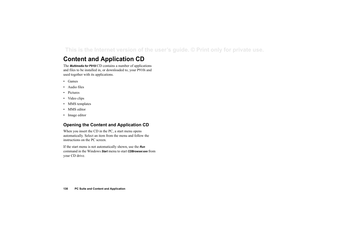 Content and application cd, Opening the content and application cd | Sony Ericsson P910i User Manual | Page 130 / 204