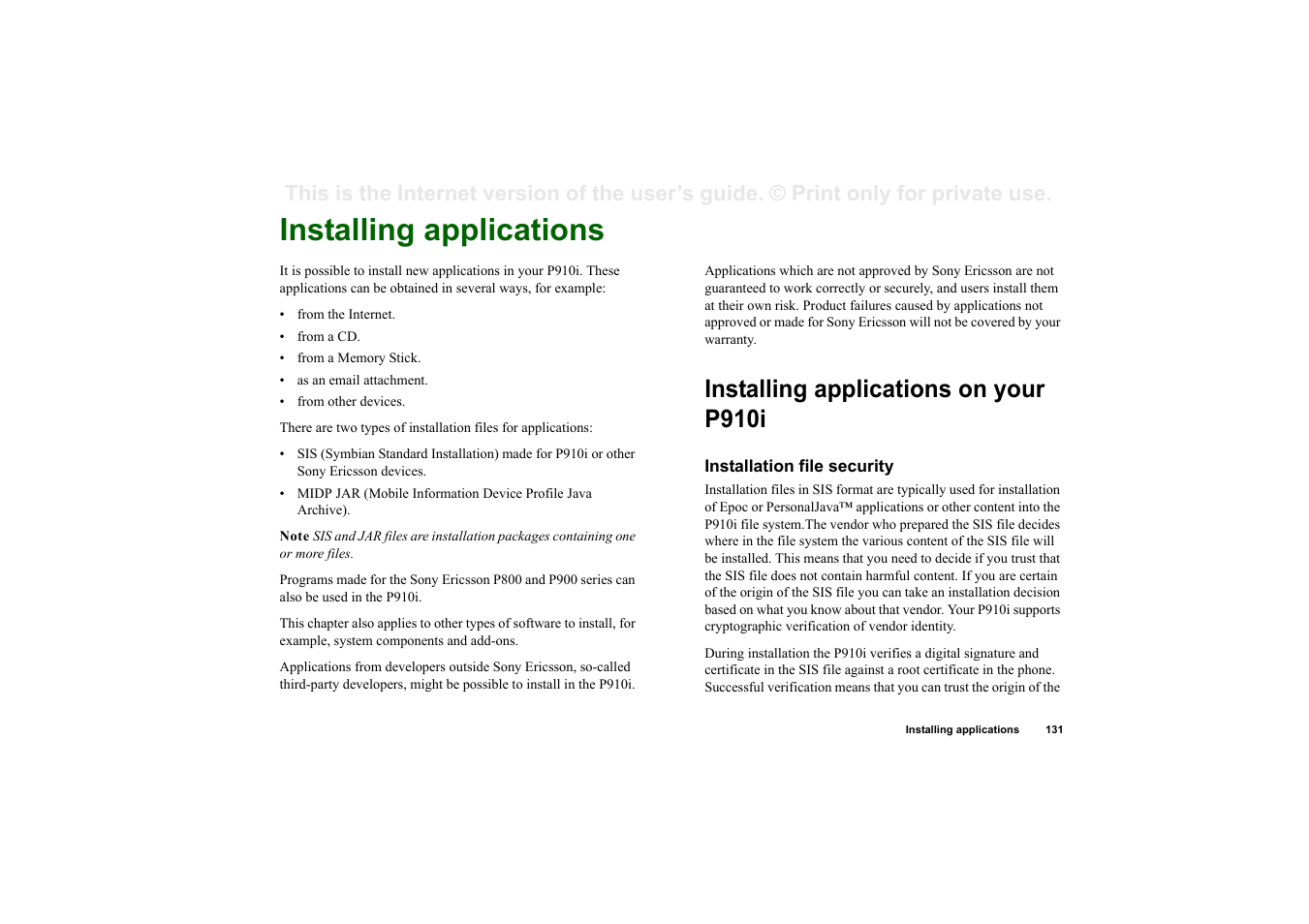 Installing applications, Installing applications on your p910i, Installation file security | Sony Ericsson P910i User Manual | Page 131 / 204