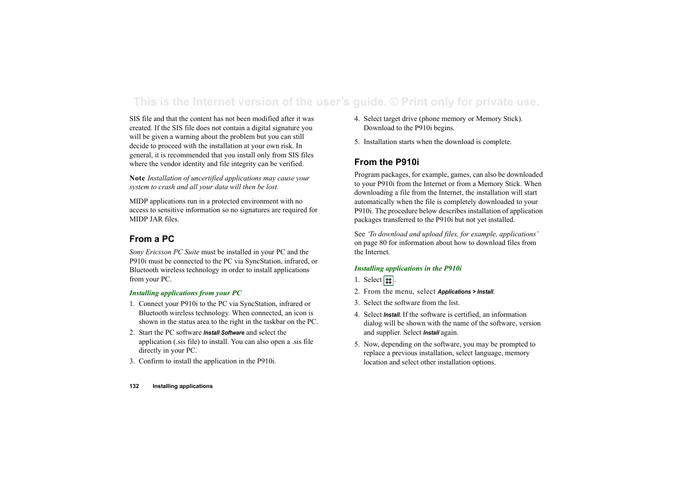 From a pc, From the p910i | Sony Ericsson P910i User Manual | Page 132 / 204