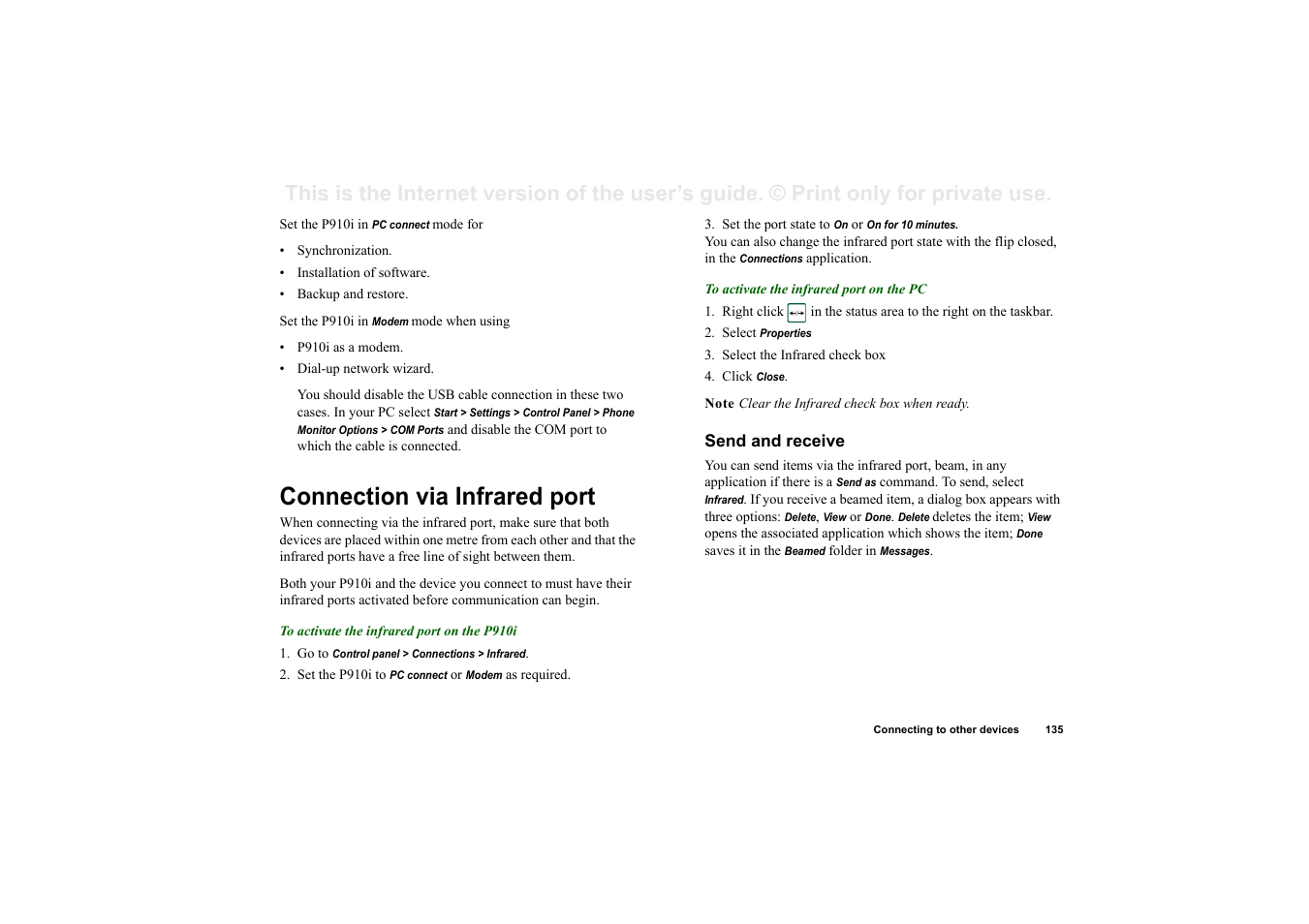 Connection via infrared port, Send and receive | Sony Ericsson P910i User Manual | Page 135 / 204