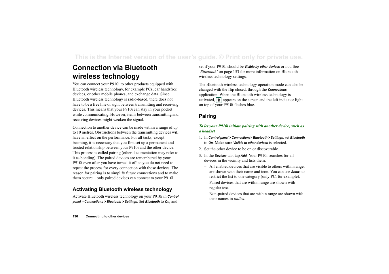 Connection via bluetooth wireless technology, Activating bluetooth wireless technology, Pairing | Sony Ericsson P910i User Manual | Page 136 / 204