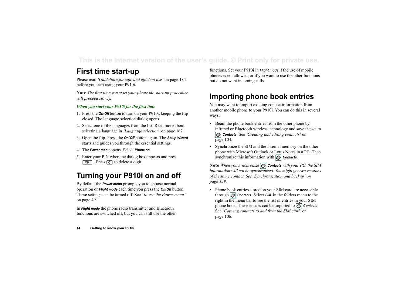 First time start-up, Turning your p910i on and off, Importing phone book entries | Sony Ericsson P910i User Manual | Page 14 / 204