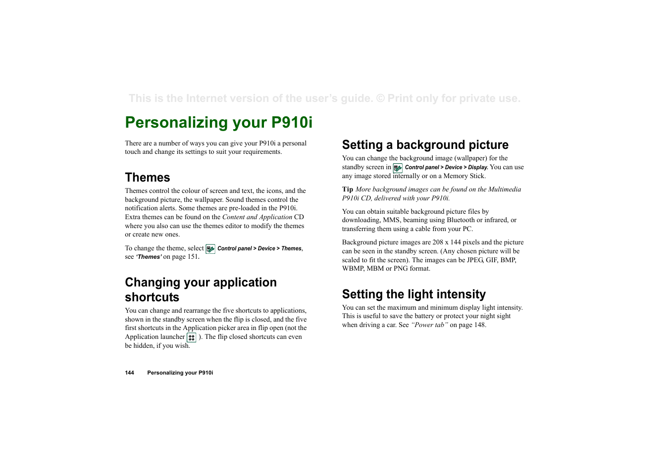 Settings, Personalizing your p910i, Themes | Changing your application shortcuts, Setting a background picture, Setting the light intensity, Ettings | Sony Ericsson P910i User Manual | Page 144 / 204