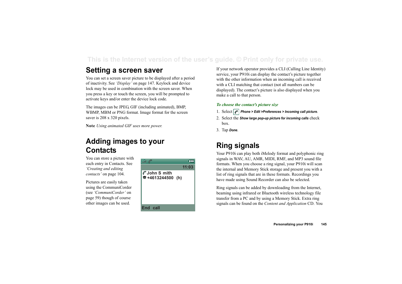 Setting a screen saver, Adding images to your contacts, Ring signals | Sony Ericsson P910i User Manual | Page 145 / 204