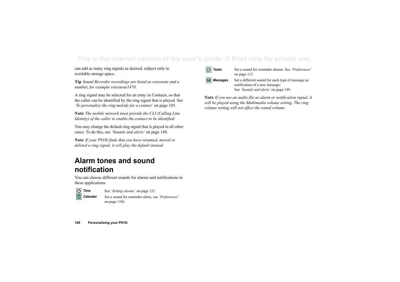 Alarm tones and sound notification | Sony Ericsson P910i User Manual | Page 146 / 204