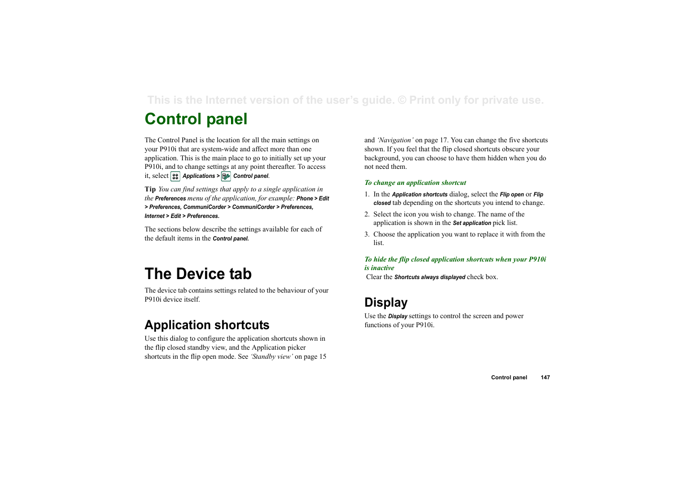 Control panel, Application shortcuts, Display | The device tab application shortcuts display, The device tab | Sony Ericsson P910i User Manual | Page 147 / 204