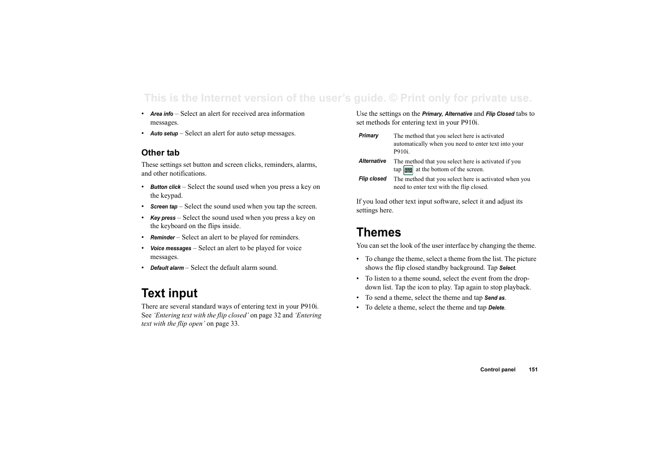 Other tab, Text input, Themes | Text input themes | Sony Ericsson P910i User Manual | Page 151 / 204