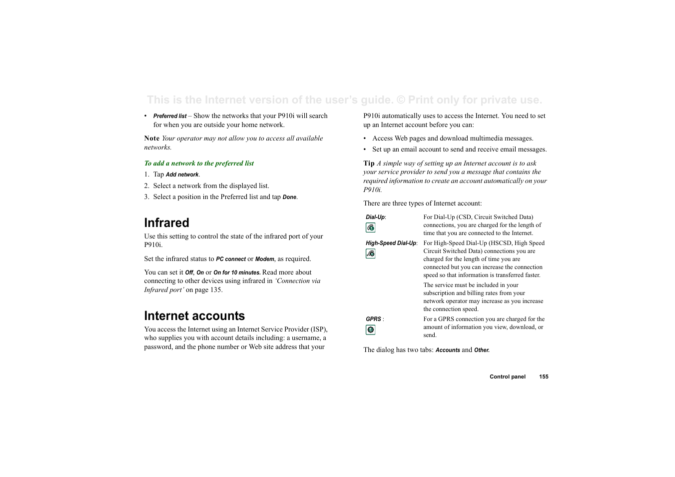 Infrared, Internet accounts, Infrared internet accounts | Sony Ericsson P910i User Manual | Page 155 / 204