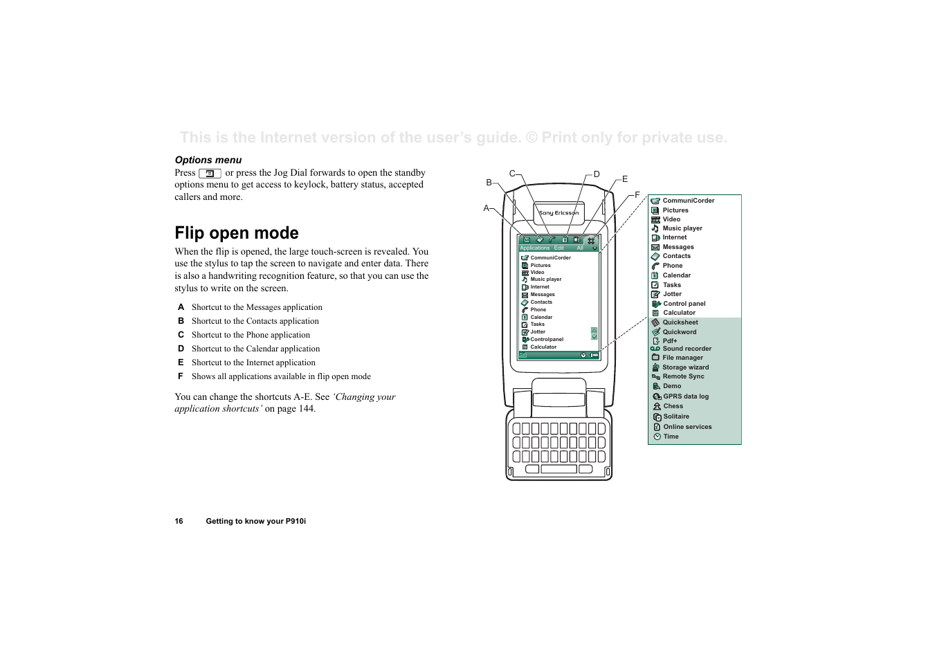 Flip open mode | Sony Ericsson P910i User Manual | Page 16 / 204