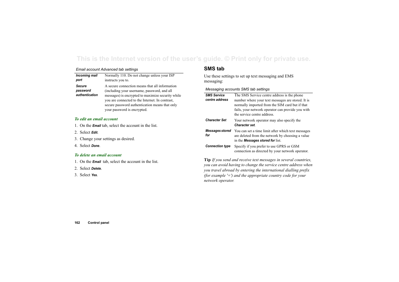 Sms tab | Sony Ericsson P910i User Manual | Page 162 / 204