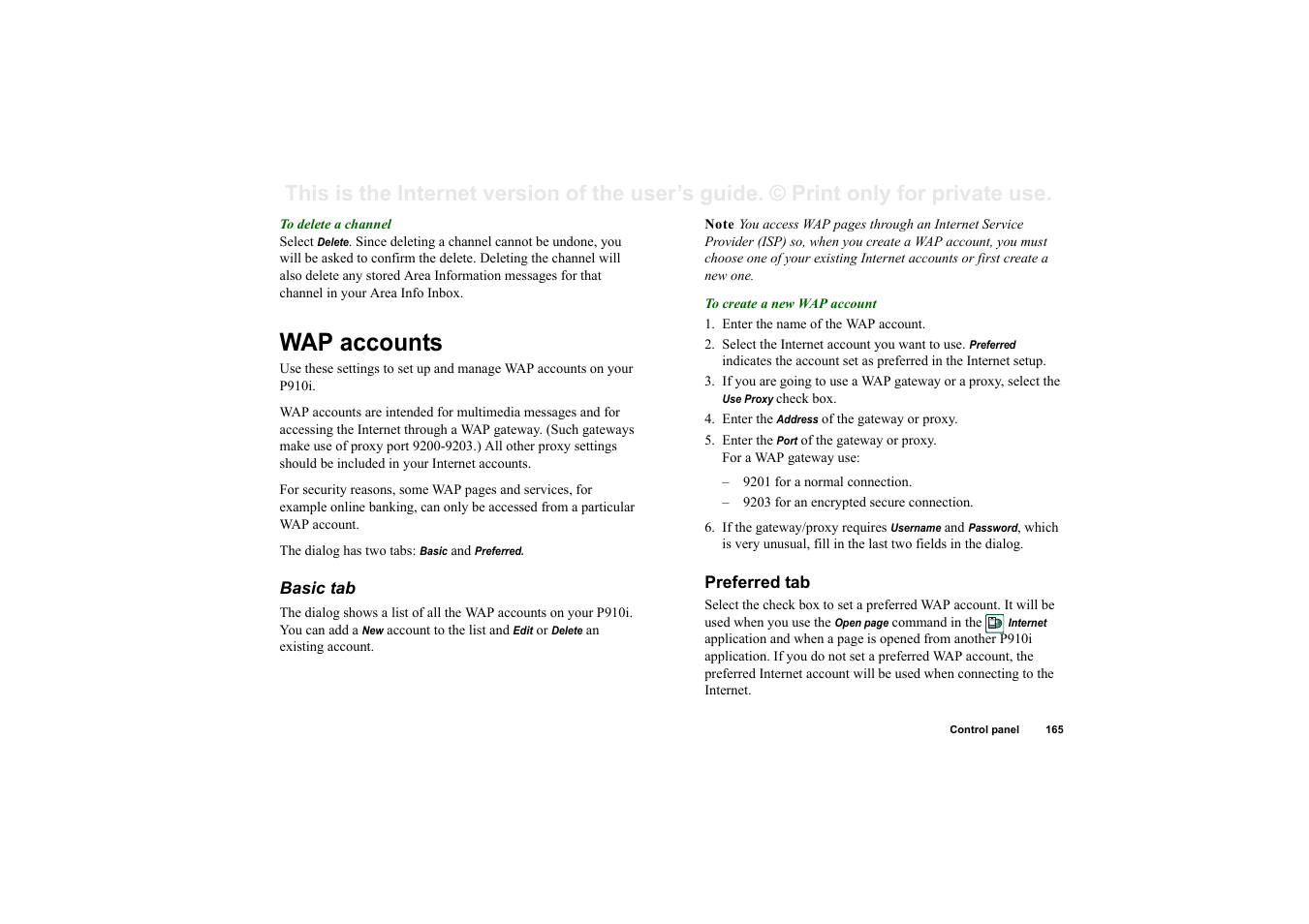 Wap accounts, Basic tab, Preferred tab | Sony Ericsson P910i User Manual | Page 165 / 204