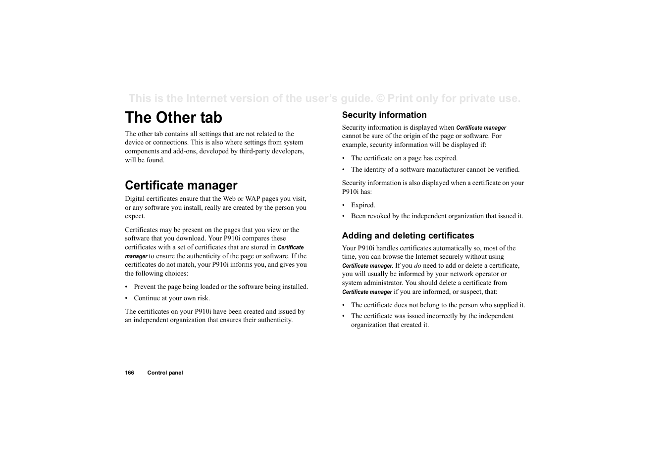 Certificate manager, Security information, Adding and deleting certificates | The other tab certificate manager, The other tab | Sony Ericsson P910i User Manual | Page 166 / 204