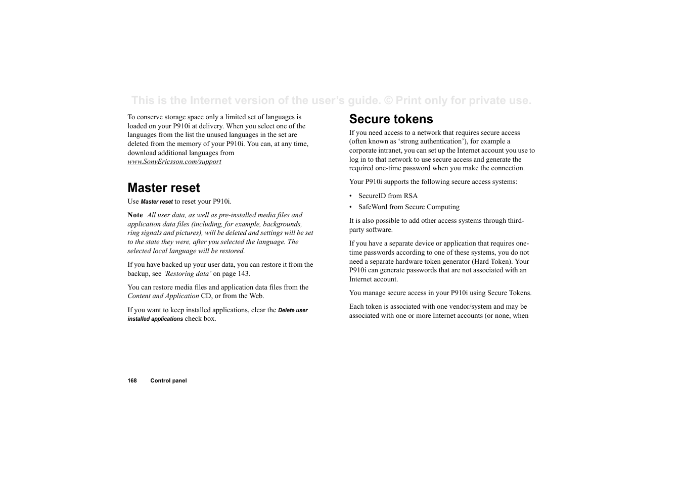Master reset, Secure tokens, Master reset secure tokens | Sony Ericsson P910i User Manual | Page 168 / 204