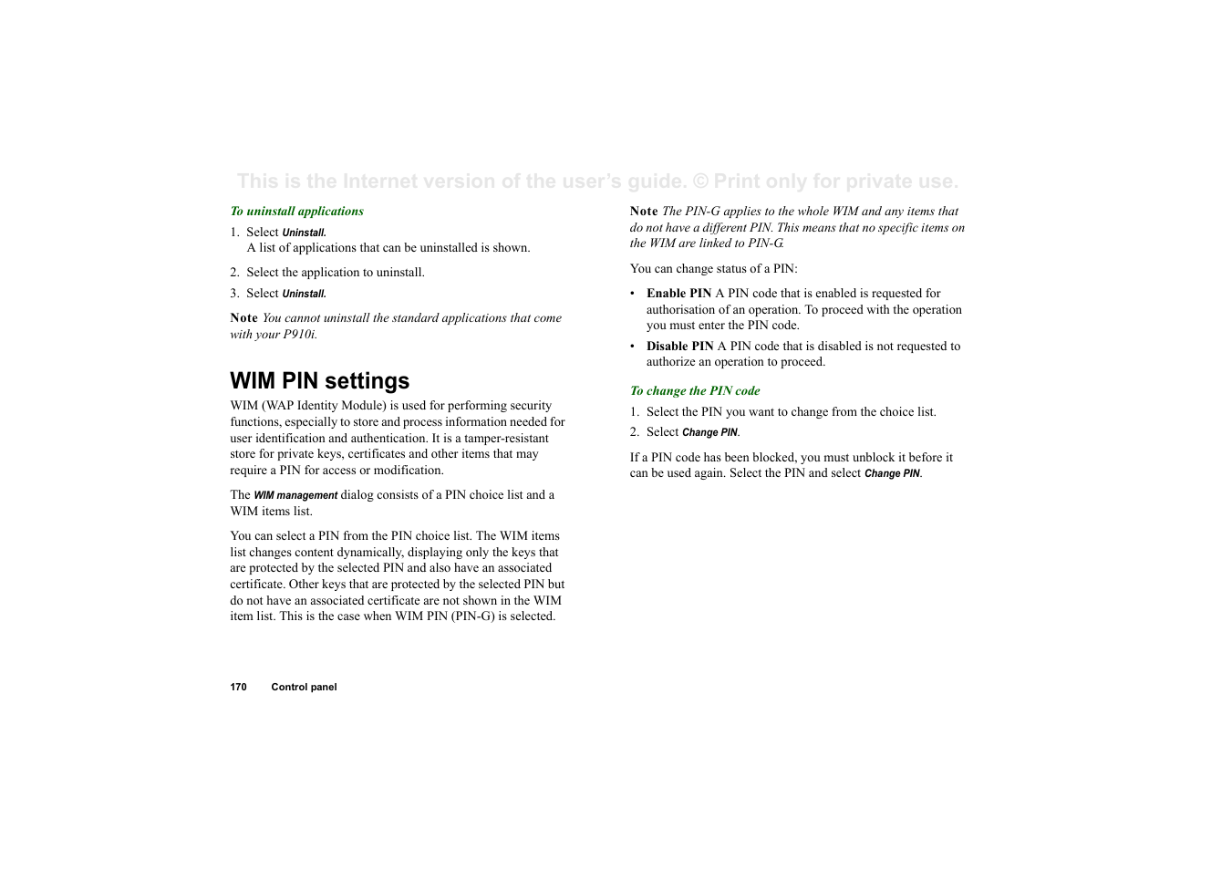 Wim pin settings | Sony Ericsson P910i User Manual | Page 170 / 204