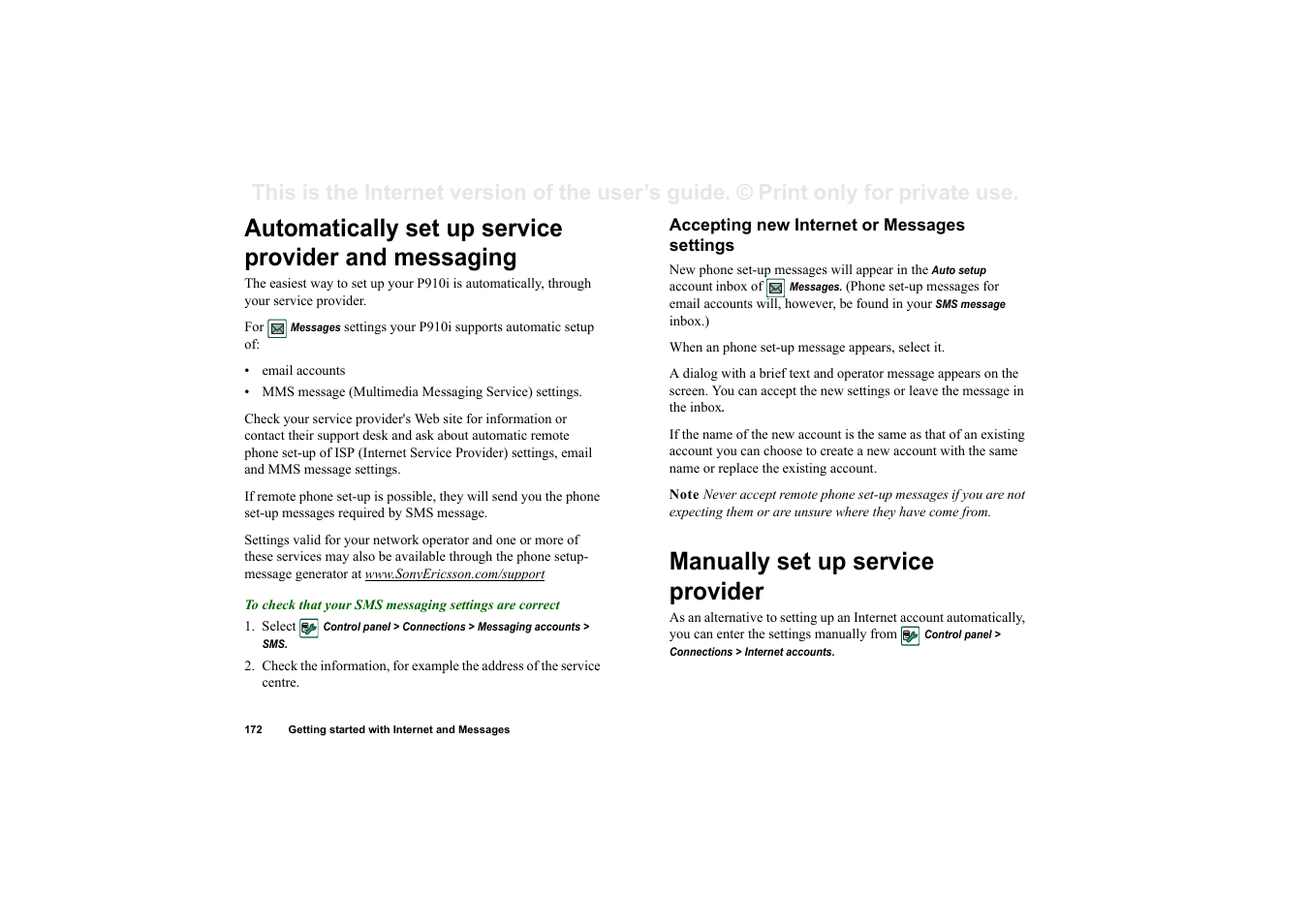 Accepting new internet or messages settings, Manually set up service provider | Sony Ericsson P910i User Manual | Page 172 / 204