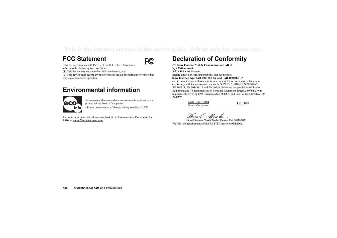 Fcc statement, Environmental information, Declaration of conformity | Sony Ericsson P910i User Manual | Page 188 / 204