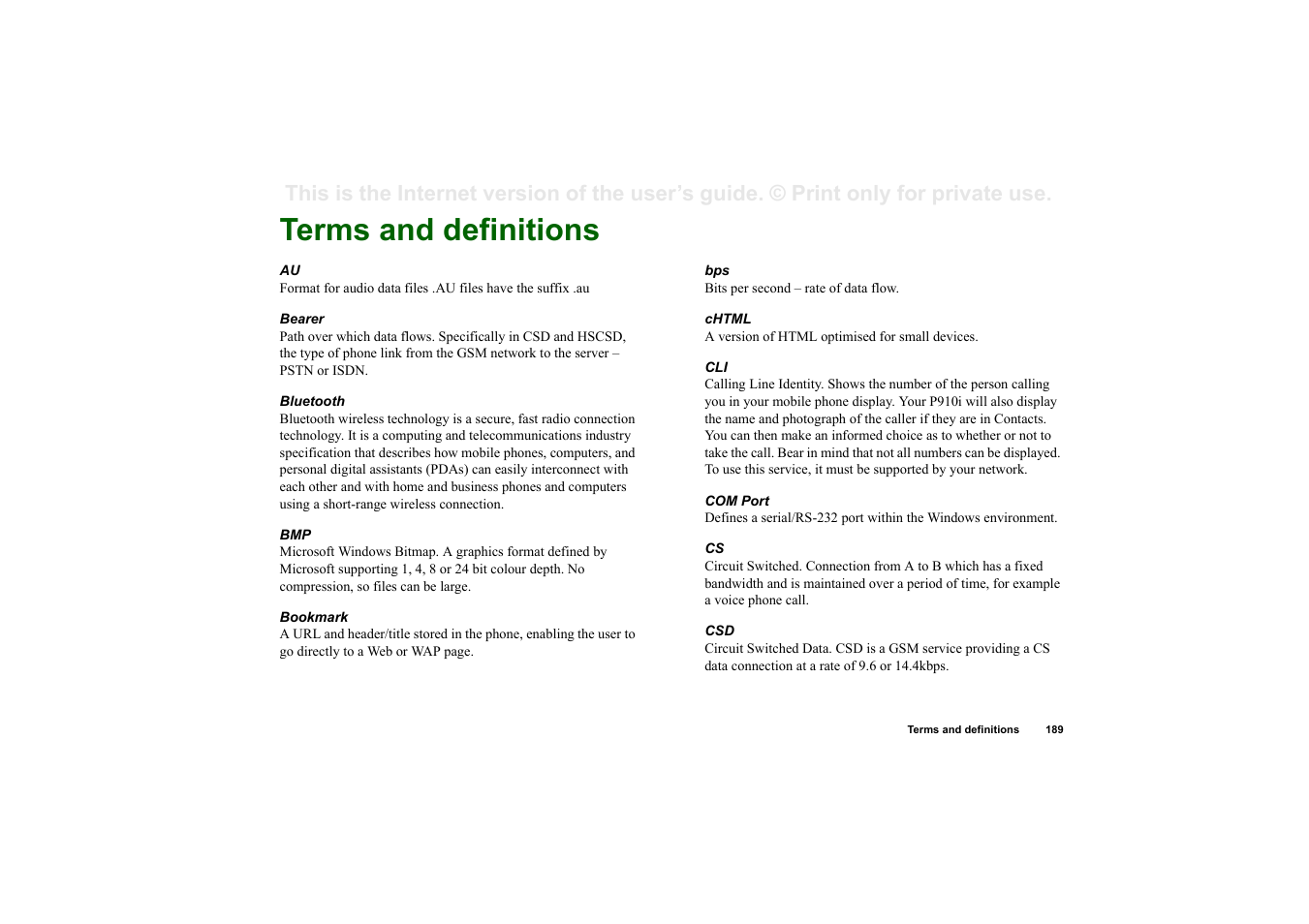 Terms and definitions | Sony Ericsson P910i User Manual | Page 189 / 204