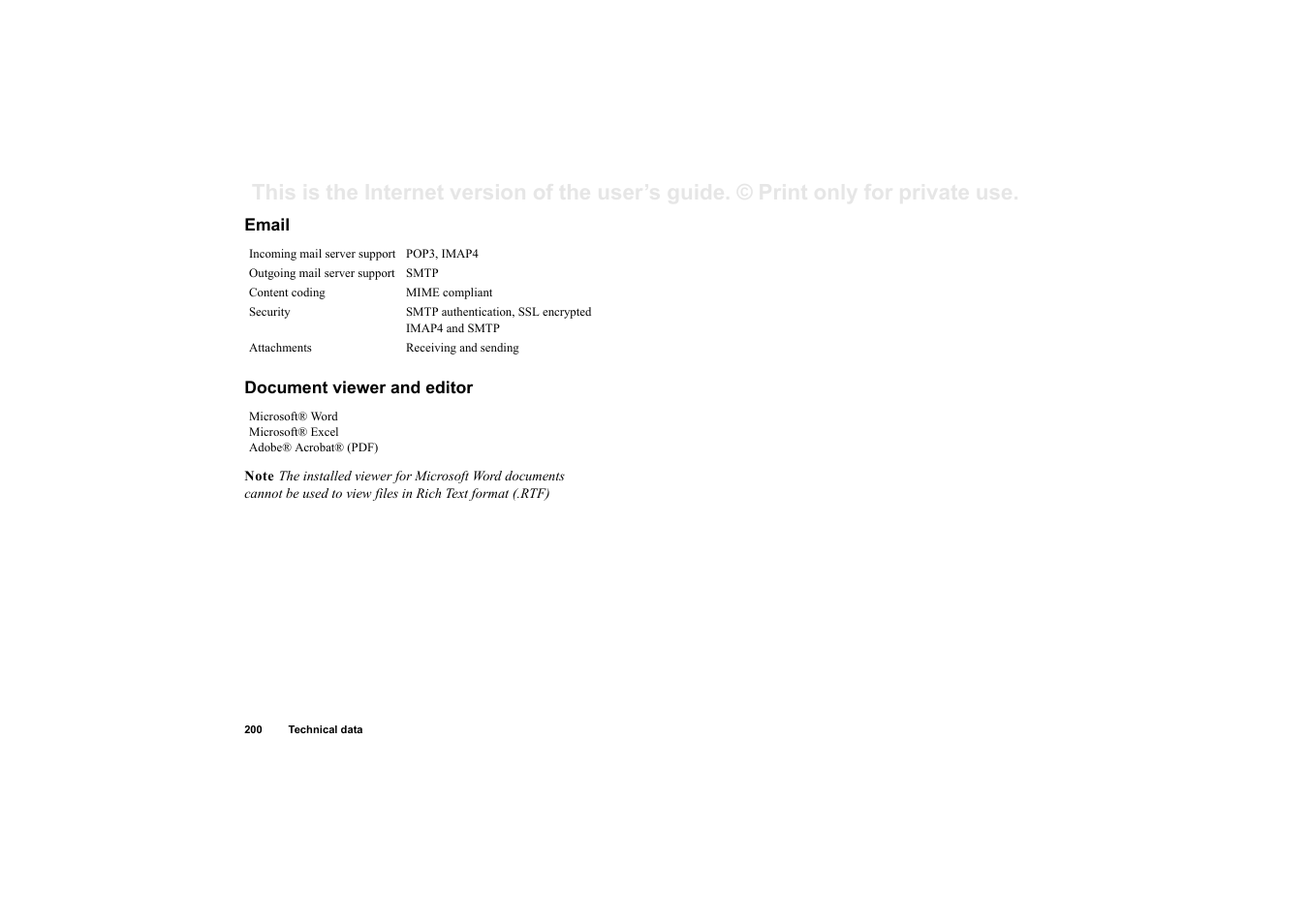 Email, Document viewer and editor | Sony Ericsson P910i User Manual | Page 200 / 204