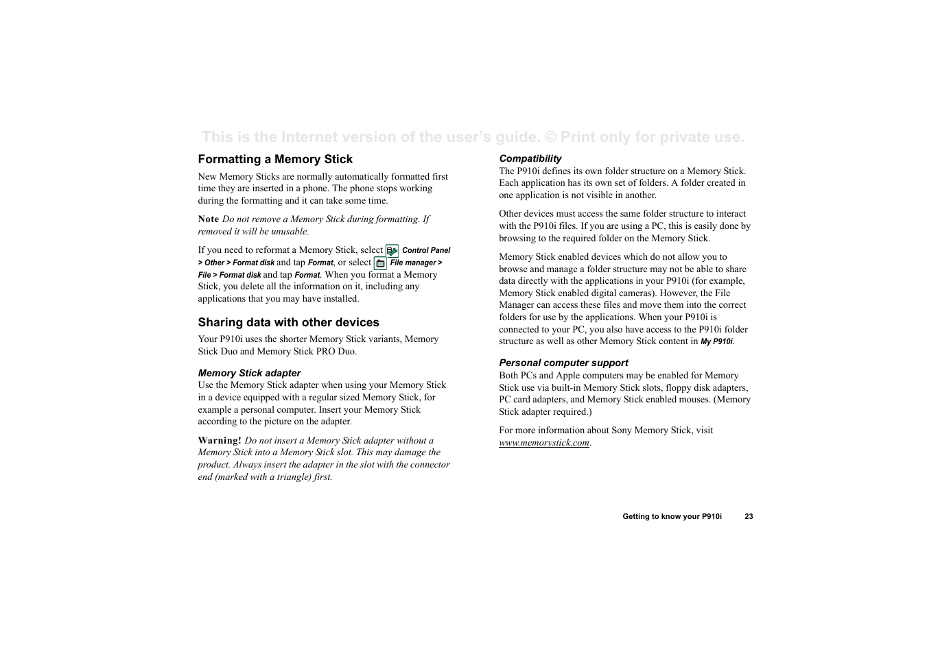 Formatting a memory stick, Sharing data with other devices | Sony Ericsson P910i User Manual | Page 23 / 204