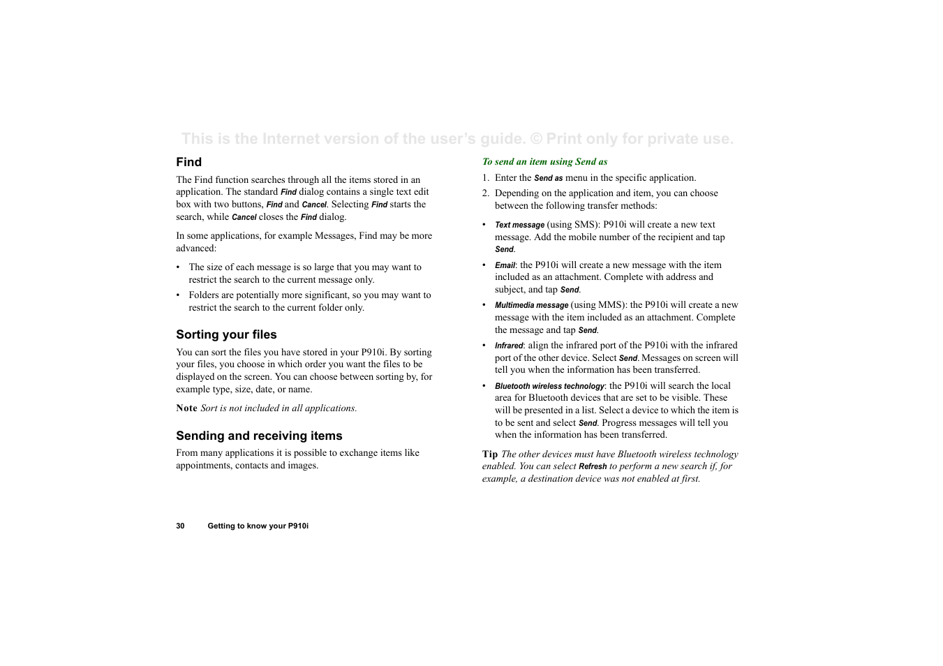 Find, Sorting your files, Sending and receiving items | Sony Ericsson P910i User Manual | Page 30 / 204