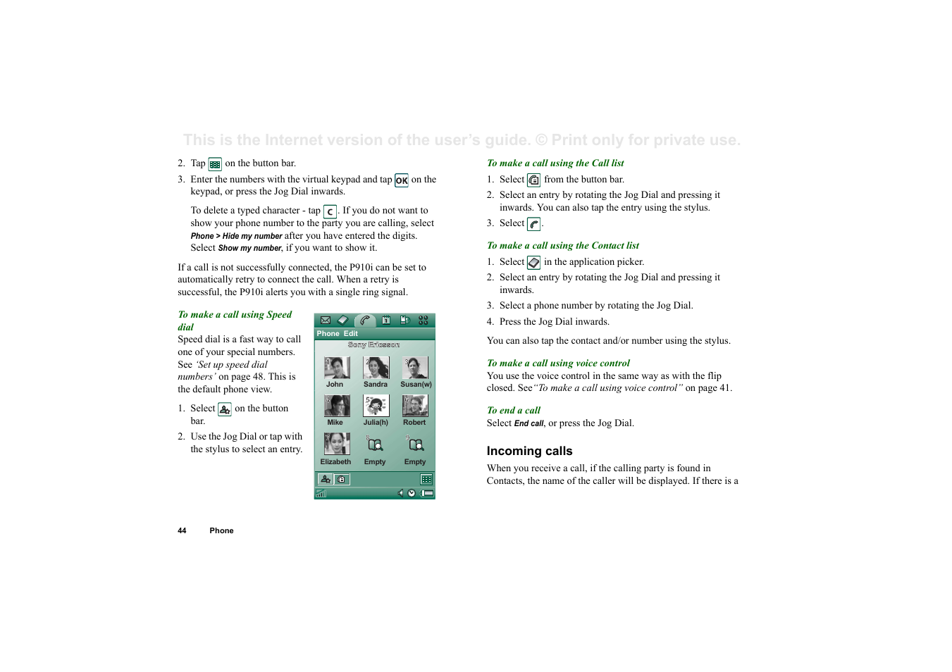 Incoming calls | Sony Ericsson P910i User Manual | Page 44 / 204