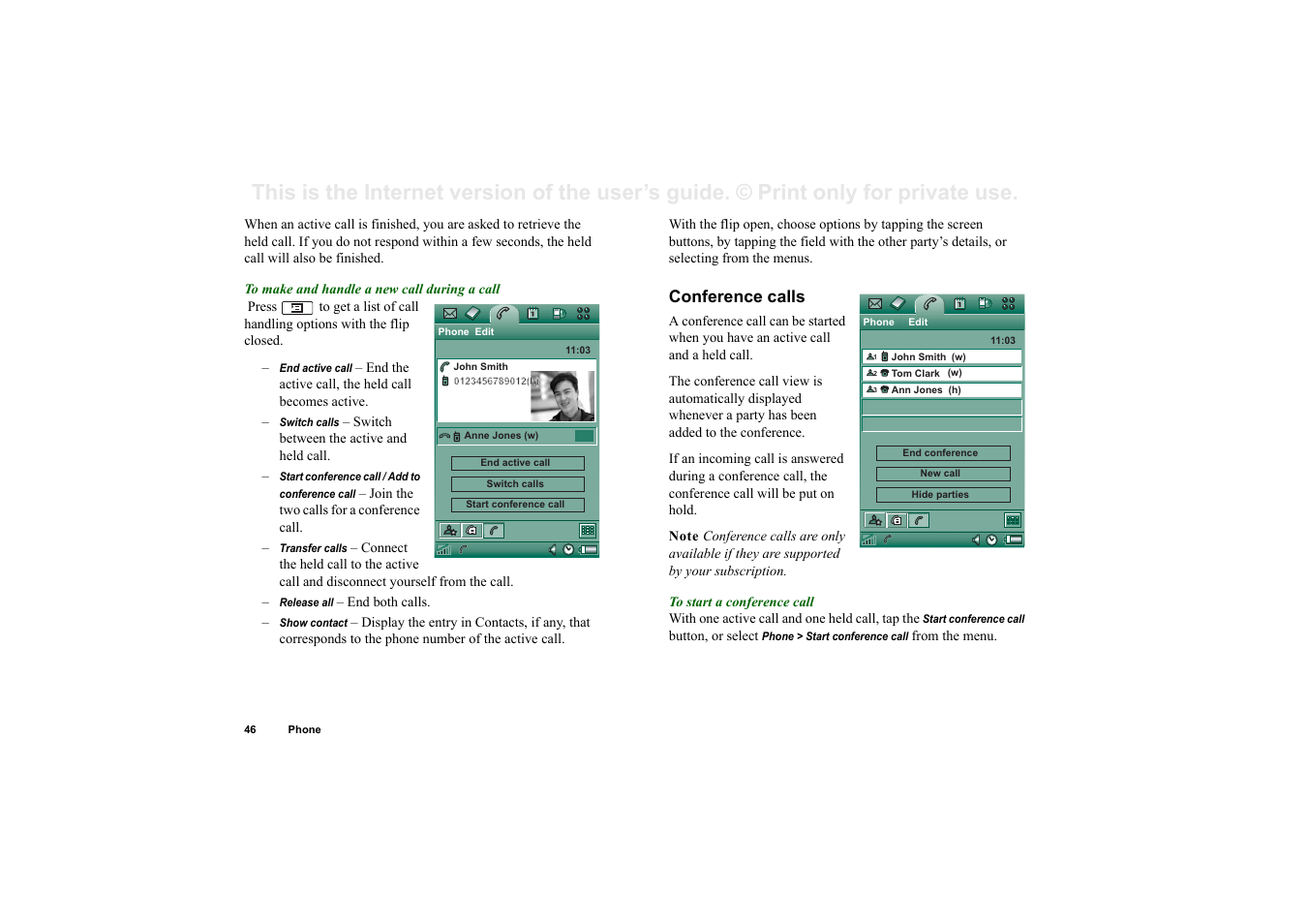 Conference calls | Sony Ericsson P910i User Manual | Page 46 / 204