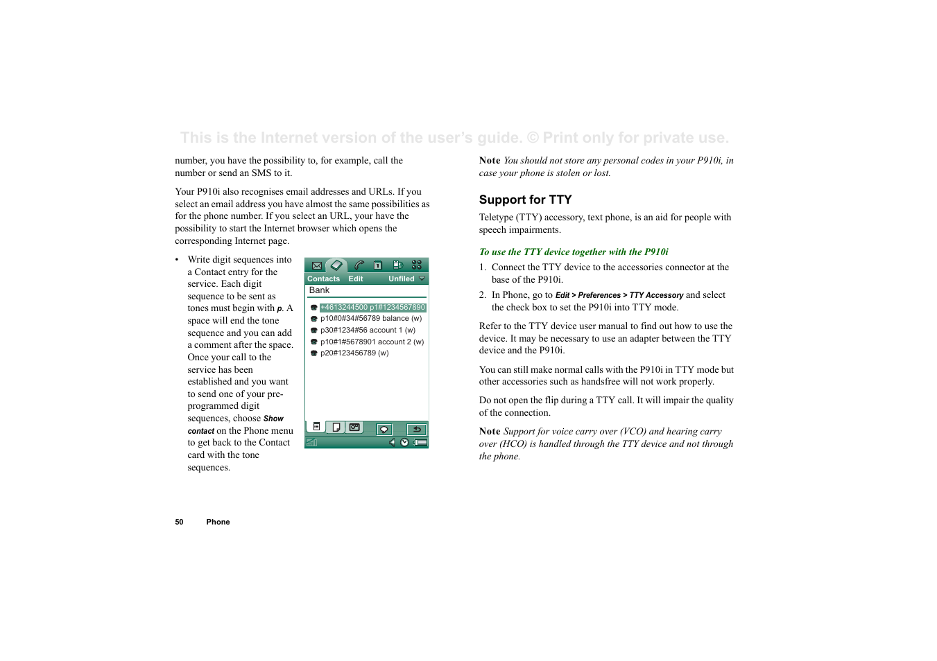 Support for tty | Sony Ericsson P910i User Manual | Page 50 / 204