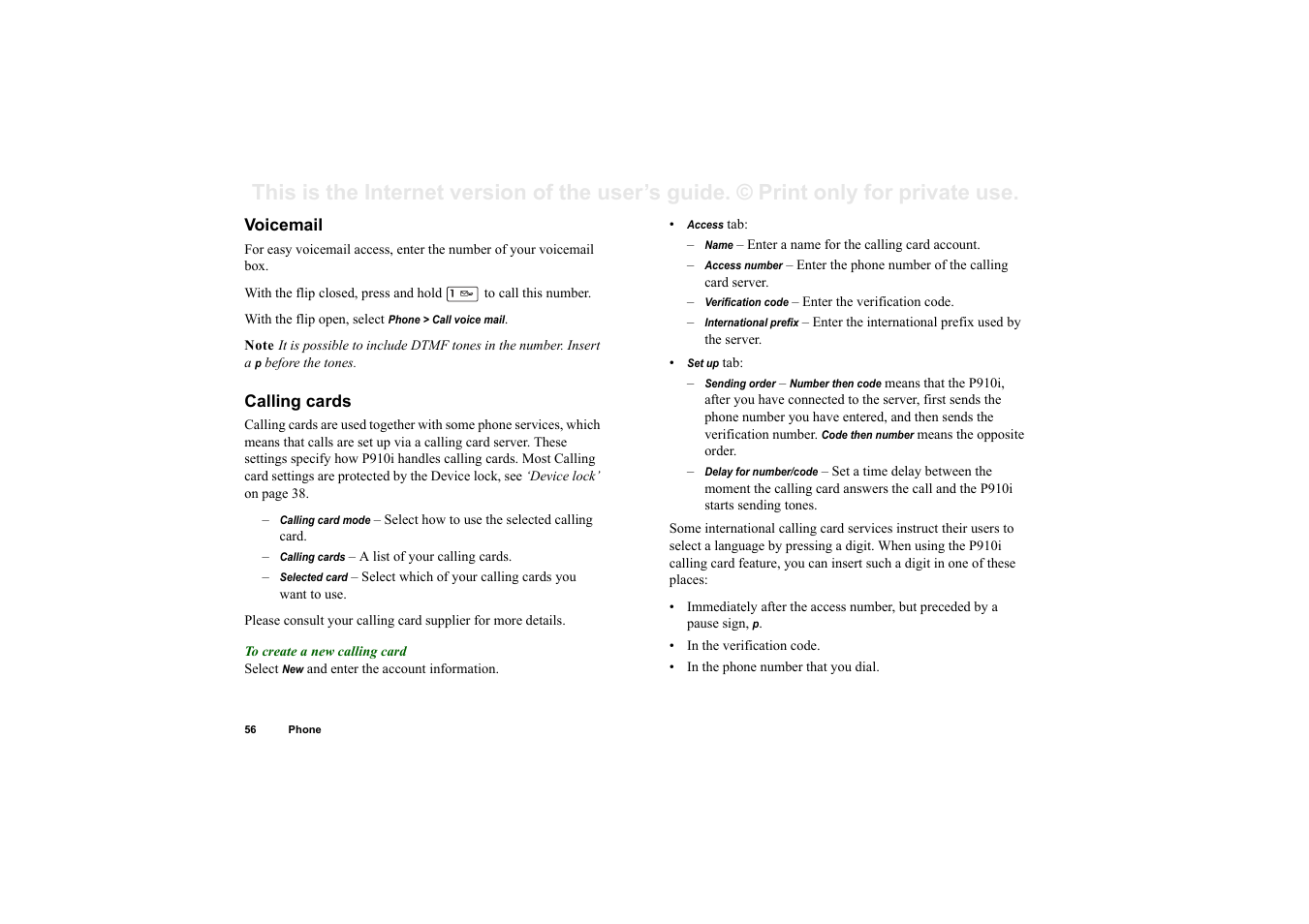 Voicemail, Calling cards | Sony Ericsson P910i User Manual | Page 56 / 204