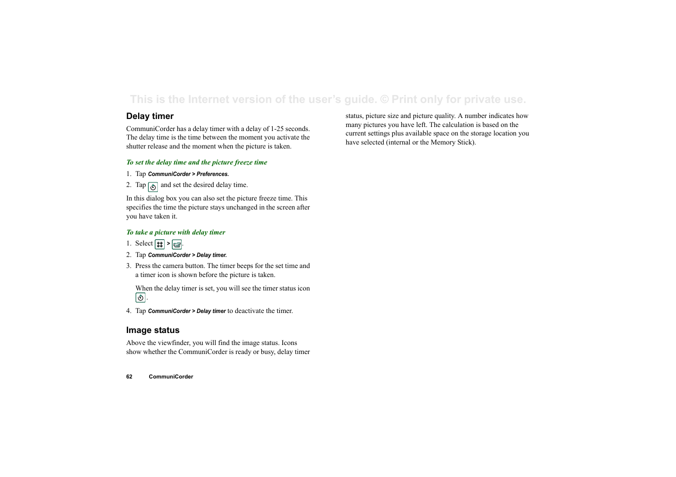 Delay timer, Image status | Sony Ericsson P910i User Manual | Page 62 / 204