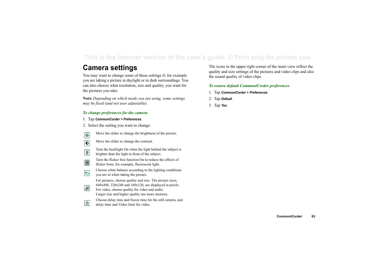 Camera settings | Sony Ericsson P910i User Manual | Page 63 / 204