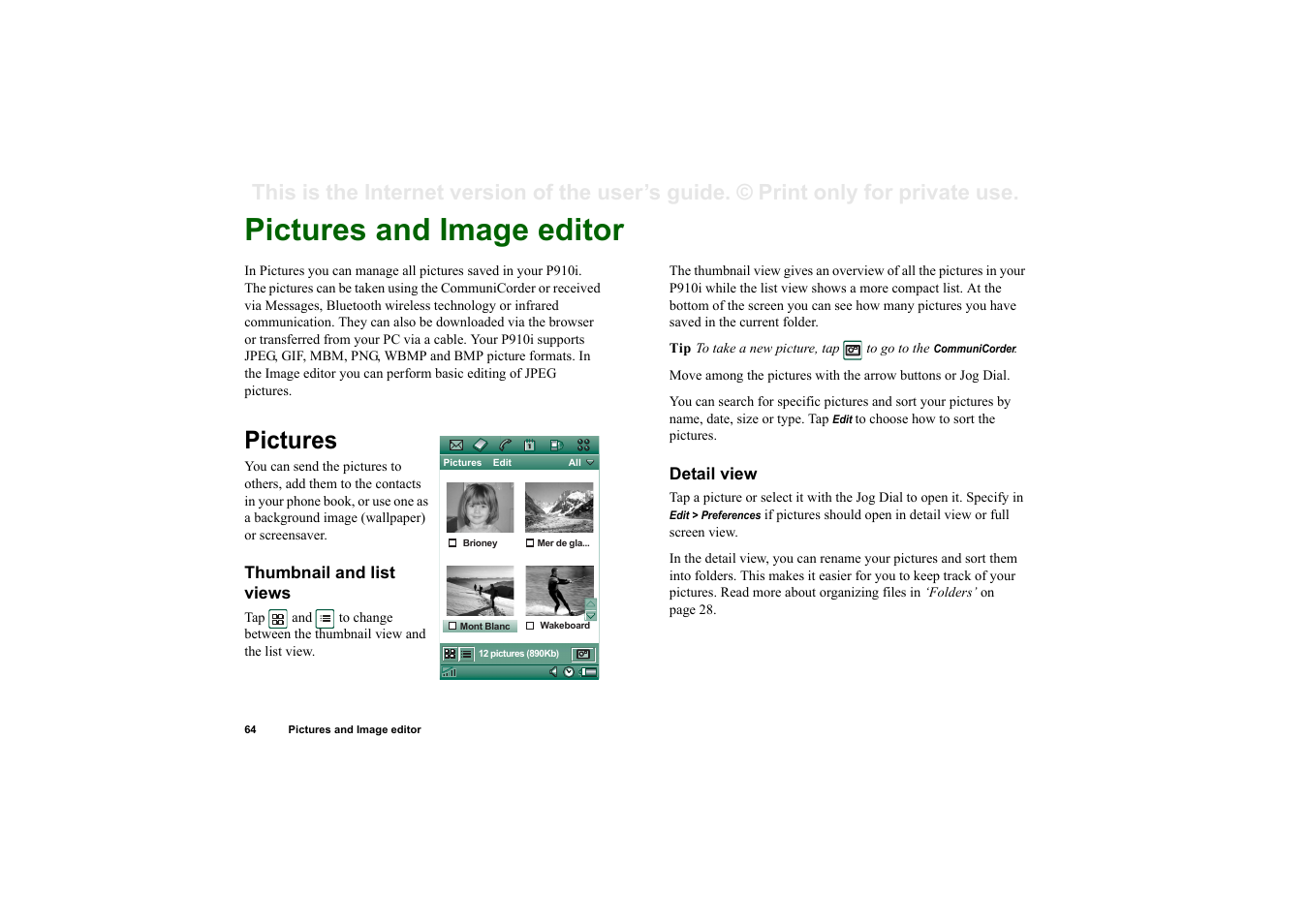 Pictures and image editor, Pictures, Thumbnail and list views | Detail view | Sony Ericsson P910i User Manual | Page 64 / 204