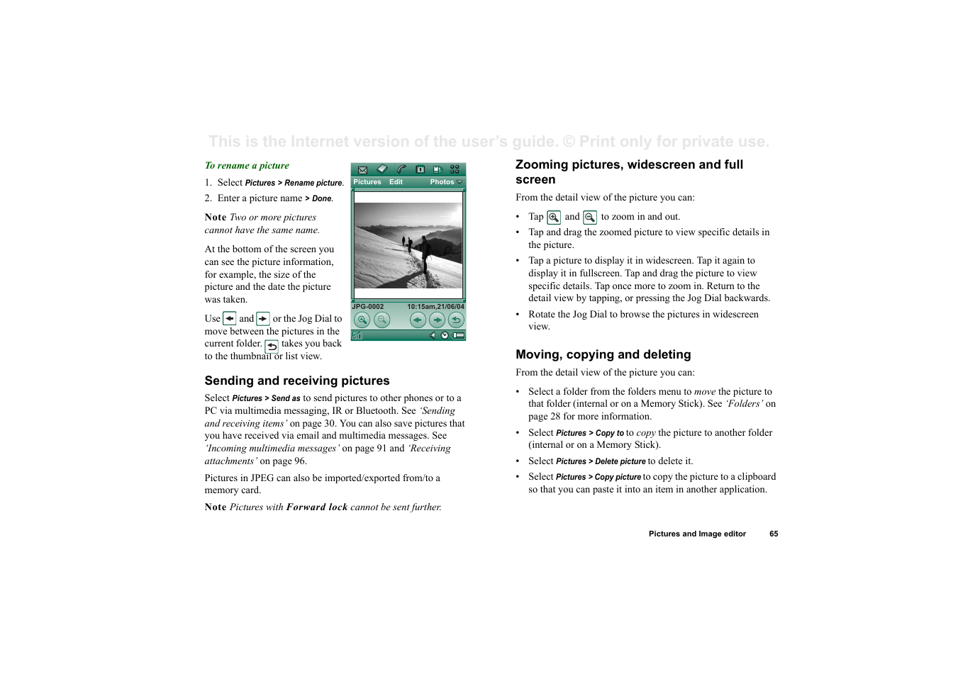 Sending and receiving pictures, Zooming pictures, widescreen and full screen, Moving, copying and deleting | Sony Ericsson P910i User Manual | Page 65 / 204