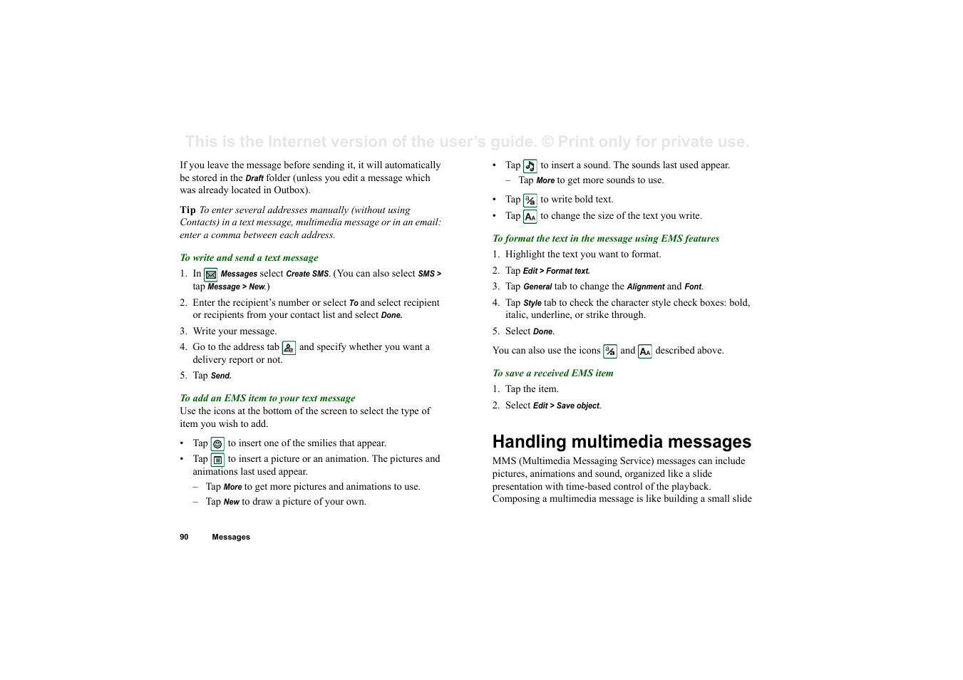 Handling multimedia messages | Sony Ericsson P910i User Manual | Page 90 / 204