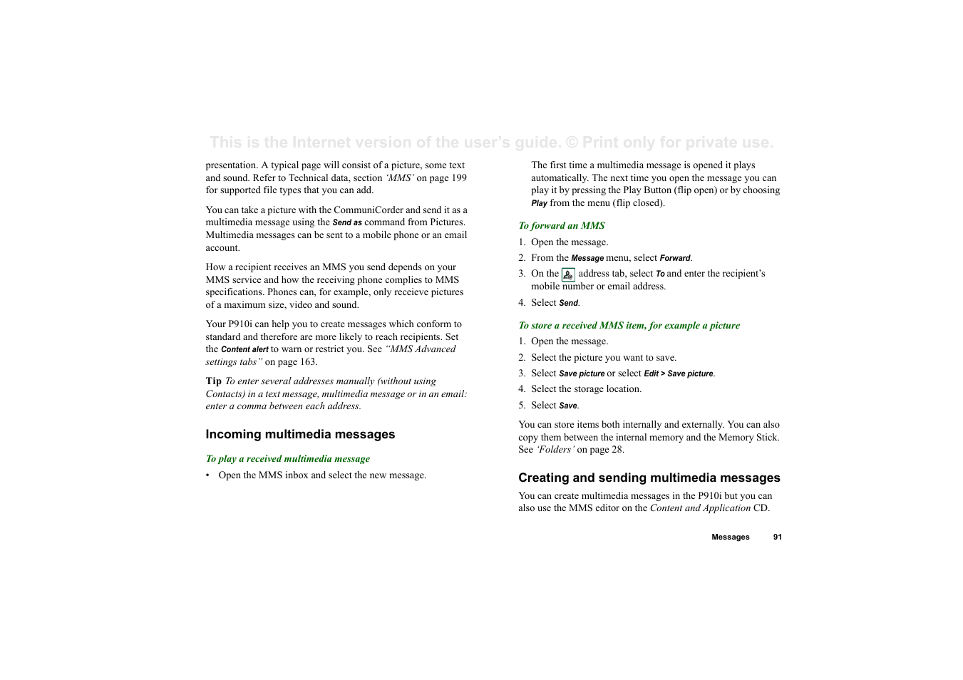Incoming multimedia messages, Creating and sending multimedia messages | Sony Ericsson P910i User Manual | Page 91 / 204