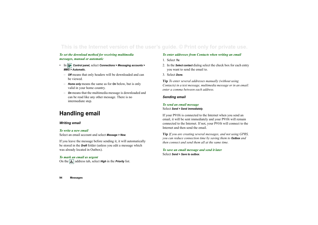 Handling email | Sony Ericsson P910i User Manual | Page 94 / 204