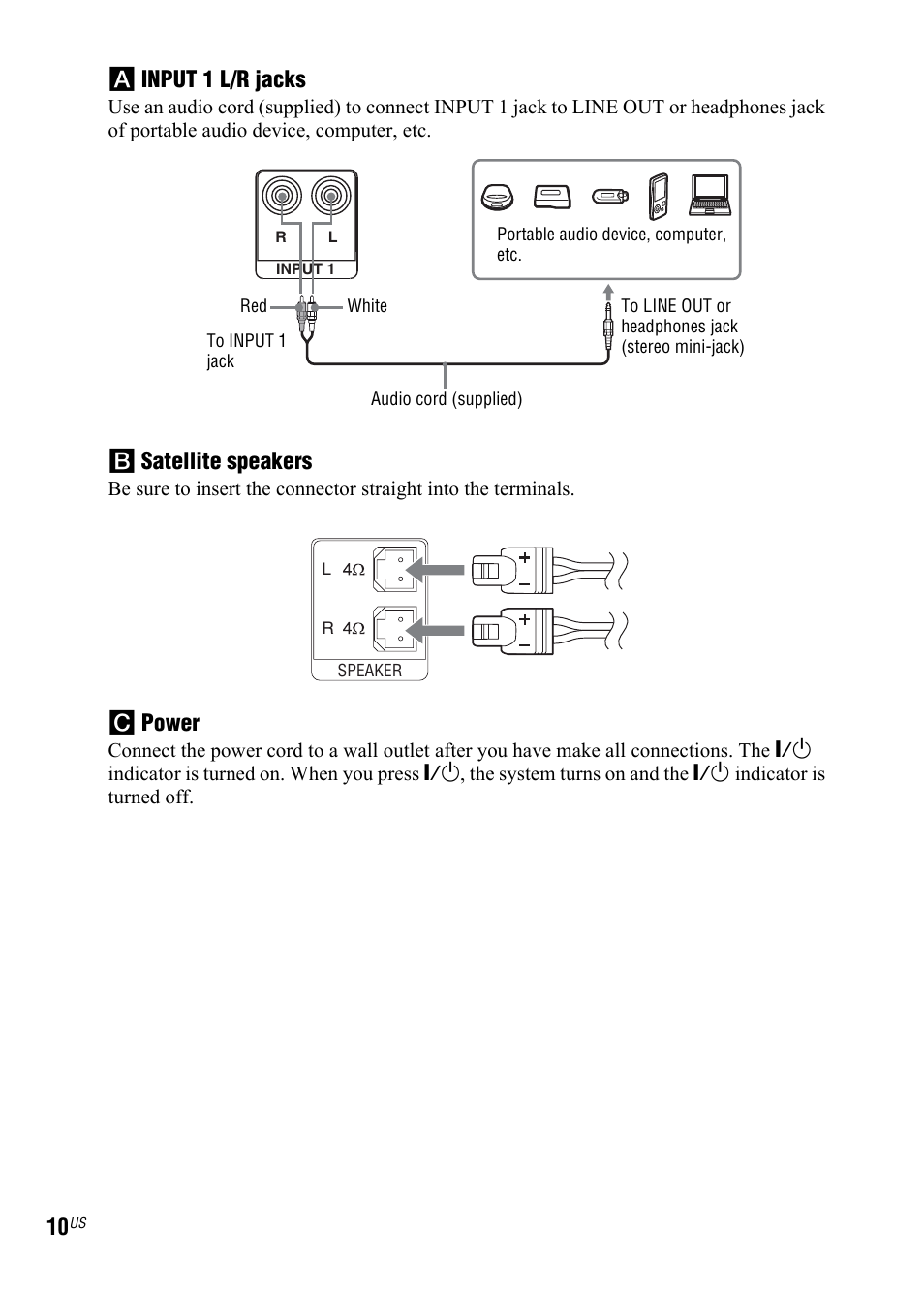 A input 1 l/r jacks, B satellite speakers, C power | Sony SRS-DB500 User Manual | Page 10 / 60