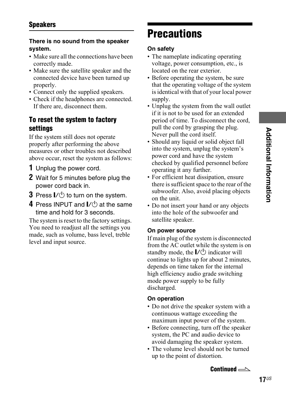 Precautions | Sony SRS-DB500 User Manual | Page 17 / 60