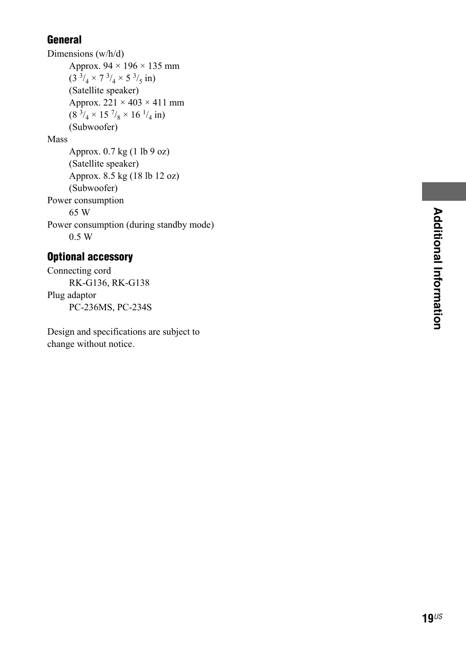 Ad ditional inf o rmation, General, Optional accessory | Sony SRS-DB500 User Manual | Page 19 / 60