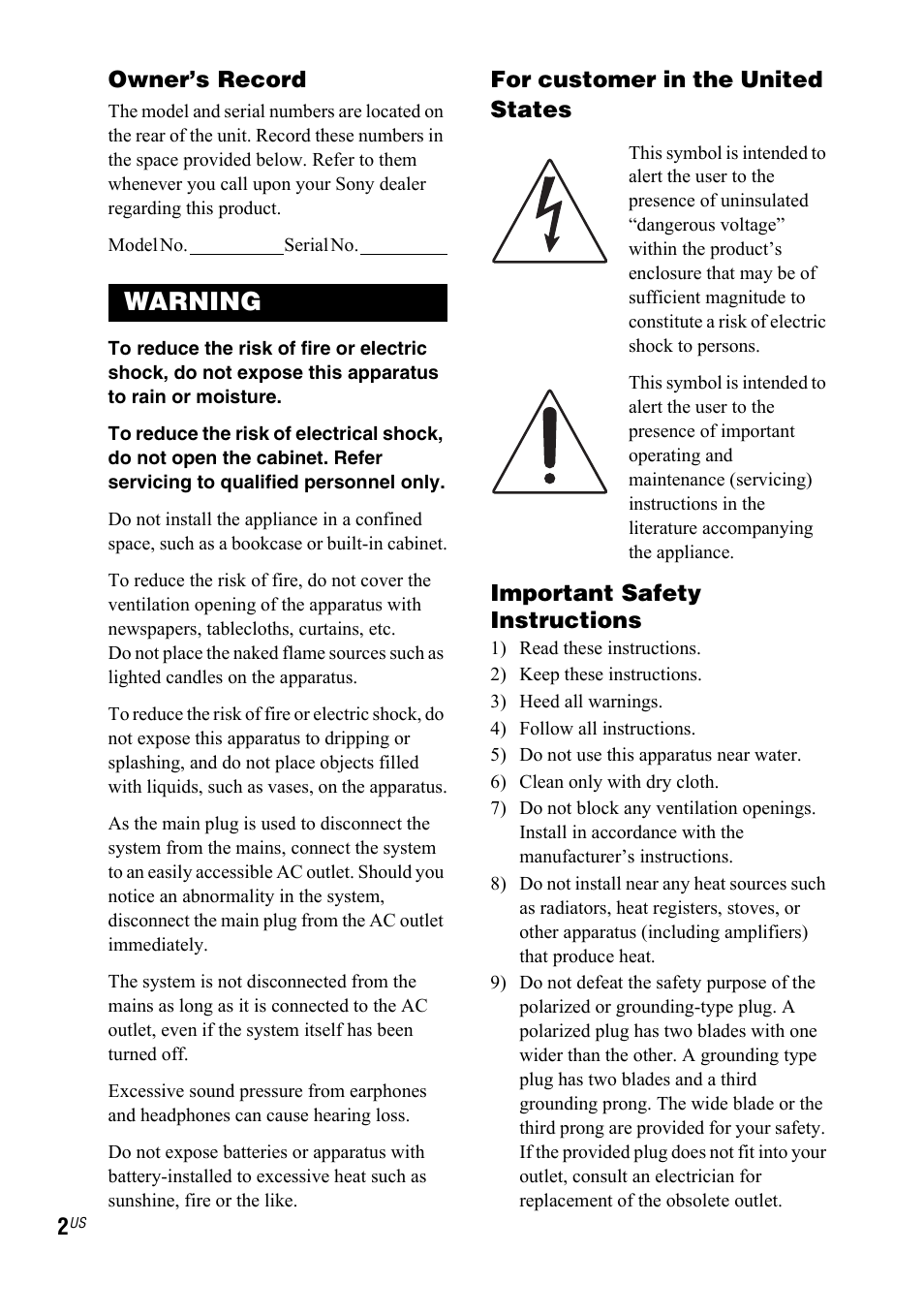 Warning | Sony SRS-DB500 User Manual | Page 2 / 60