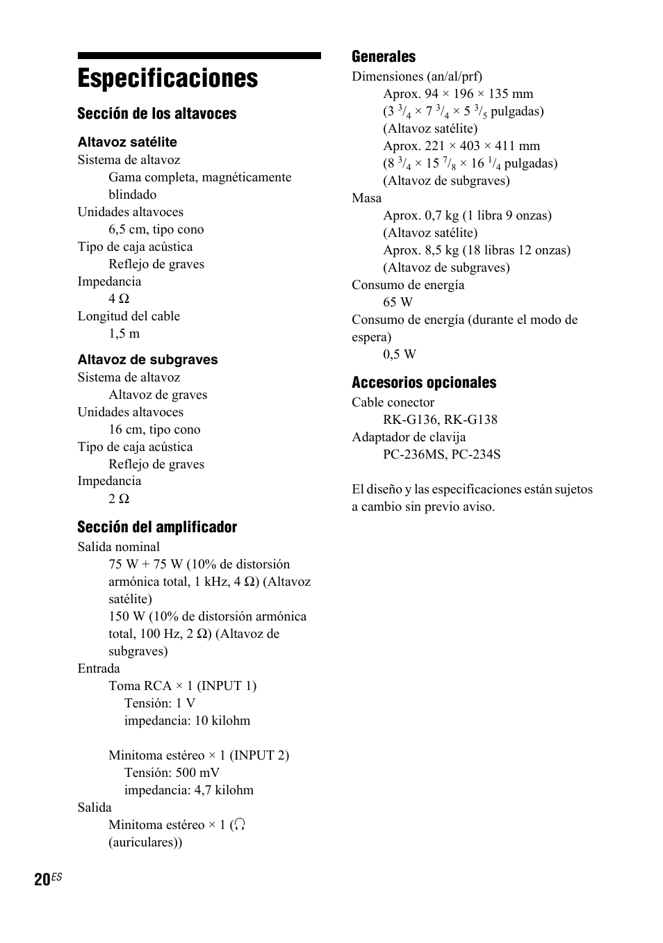 Especificaciones, Sección de los altavoces, Sección del amplificador | Generales, Accesorios opcionales | Sony SRS-DB500 User Manual | Page 38 / 60