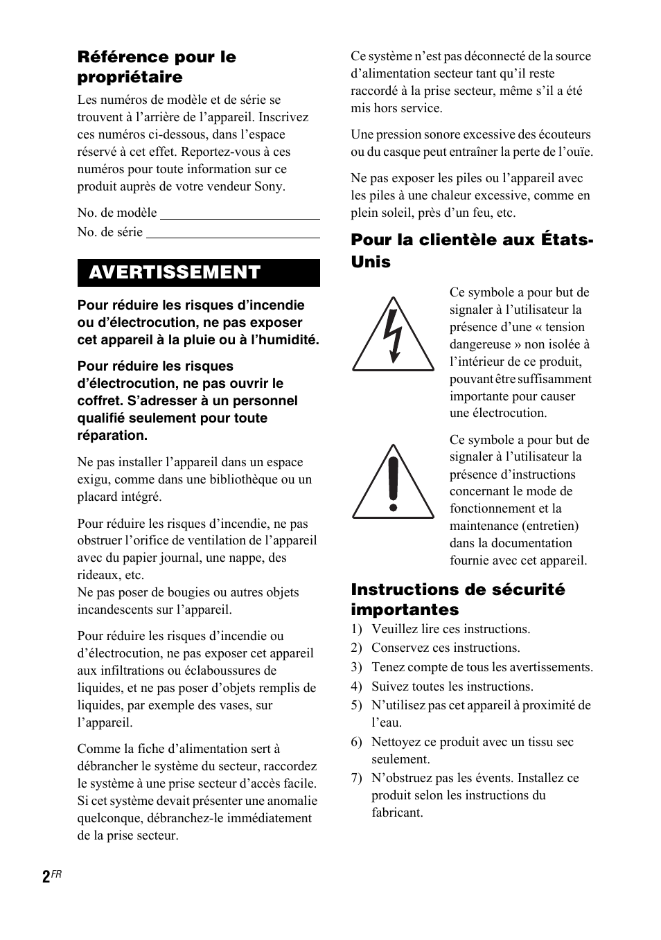 Avertissement | Sony SRS-DB500 User Manual | Page 40 / 60