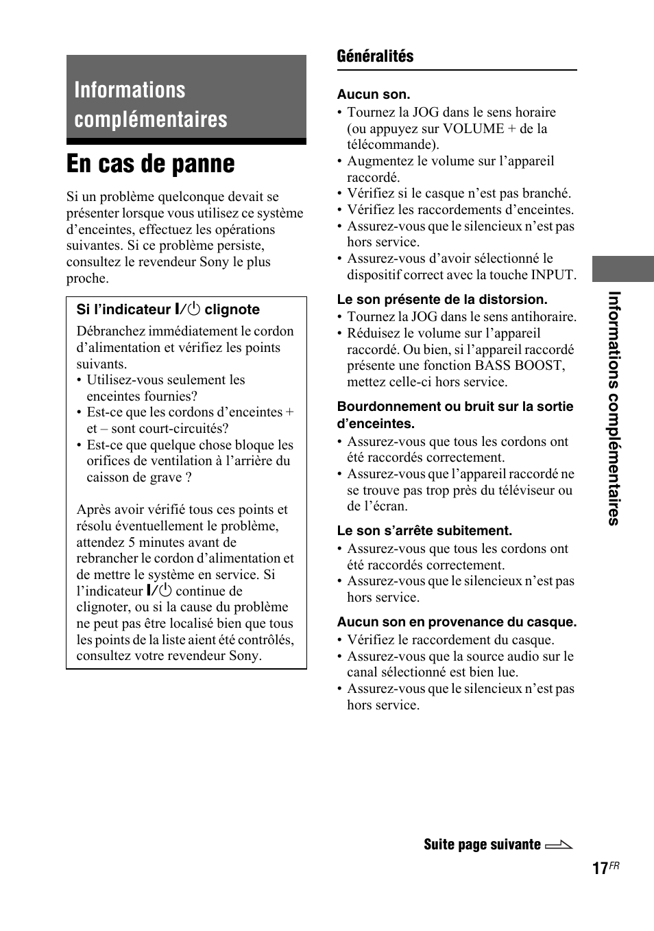 Informations complémentaires, En cas de panne | Sony SRS-DB500 User Manual | Page 55 / 60