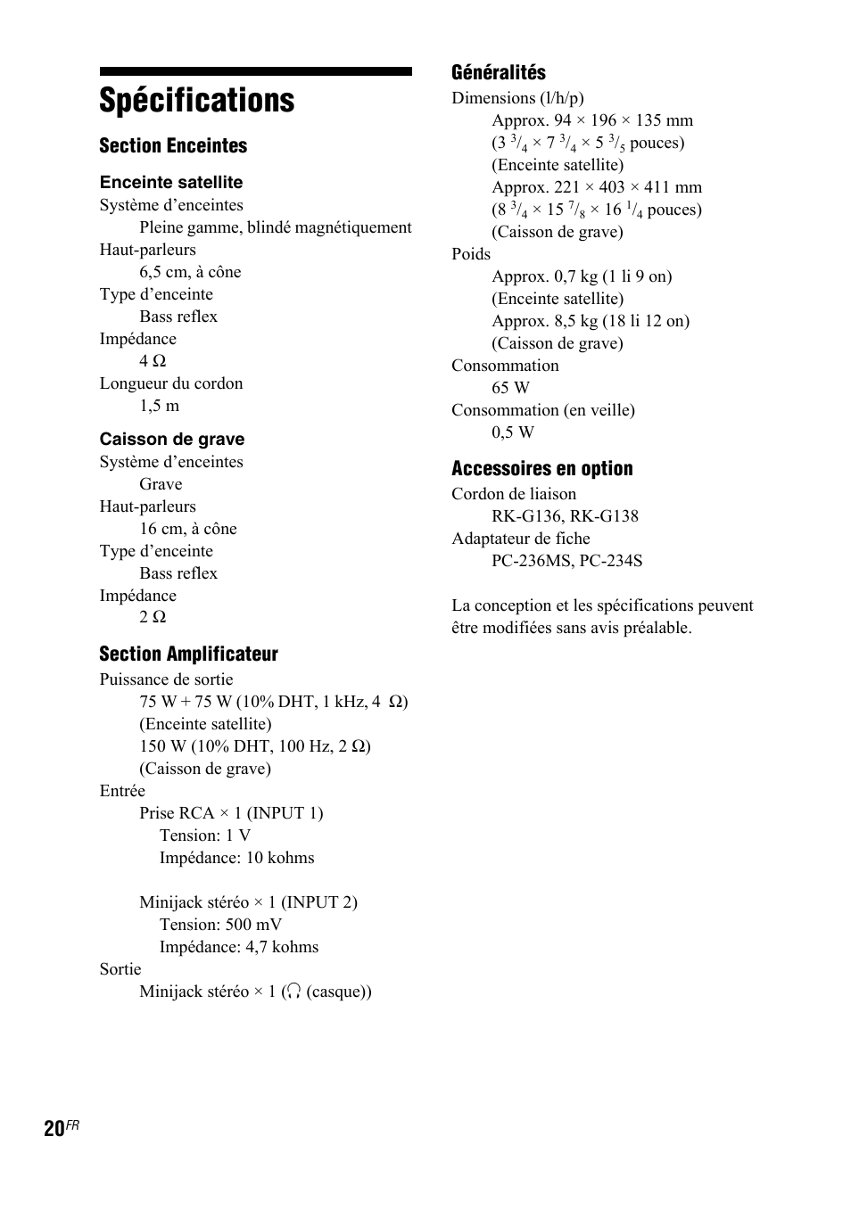 Spécifications, Généralités, Accessoires en option | Sony SRS-DB500 User Manual | Page 58 / 60