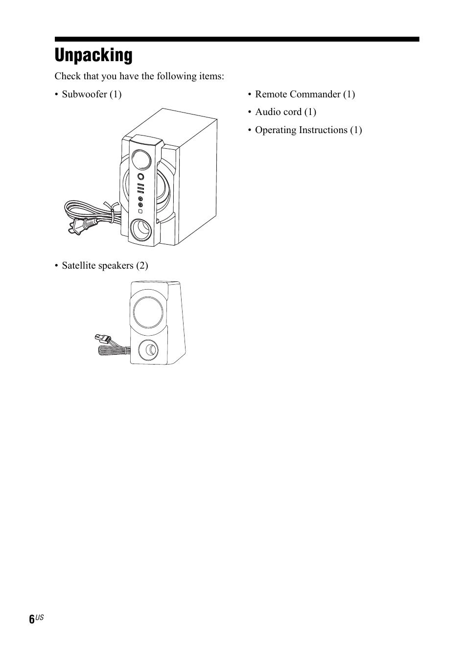 Unpacking | Sony SRS-DB500 User Manual | Page 6 / 60