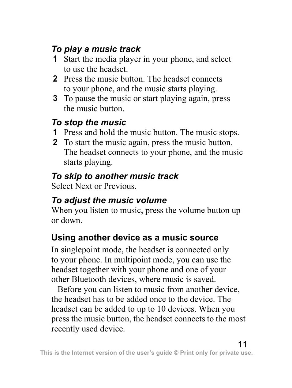 Using another device as a music source | Sony Ericsson HBH-DS970 User Manual | Page 12 / 64