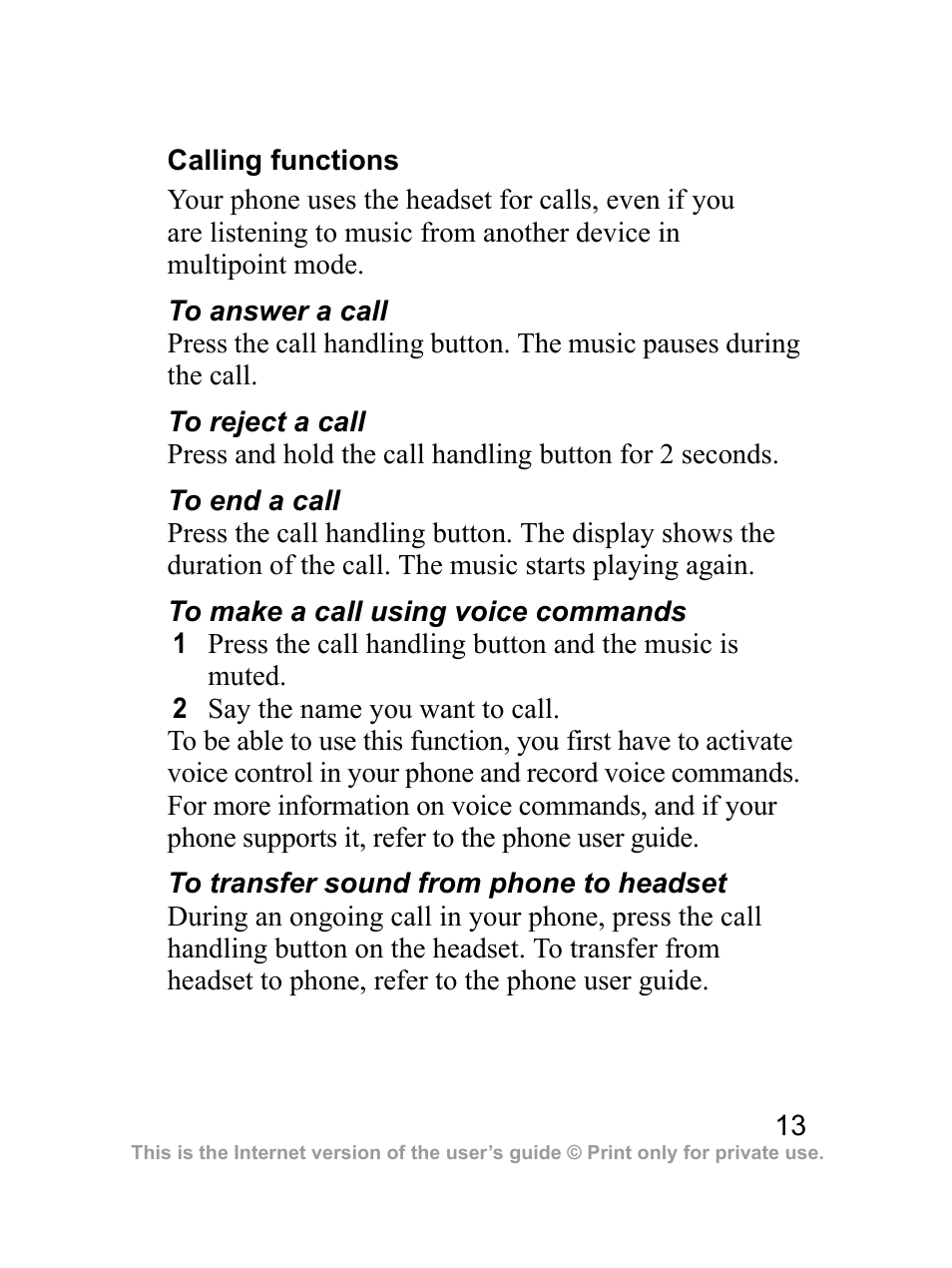 Calling functions | Sony Ericsson HBH-DS970 User Manual | Page 14 / 64