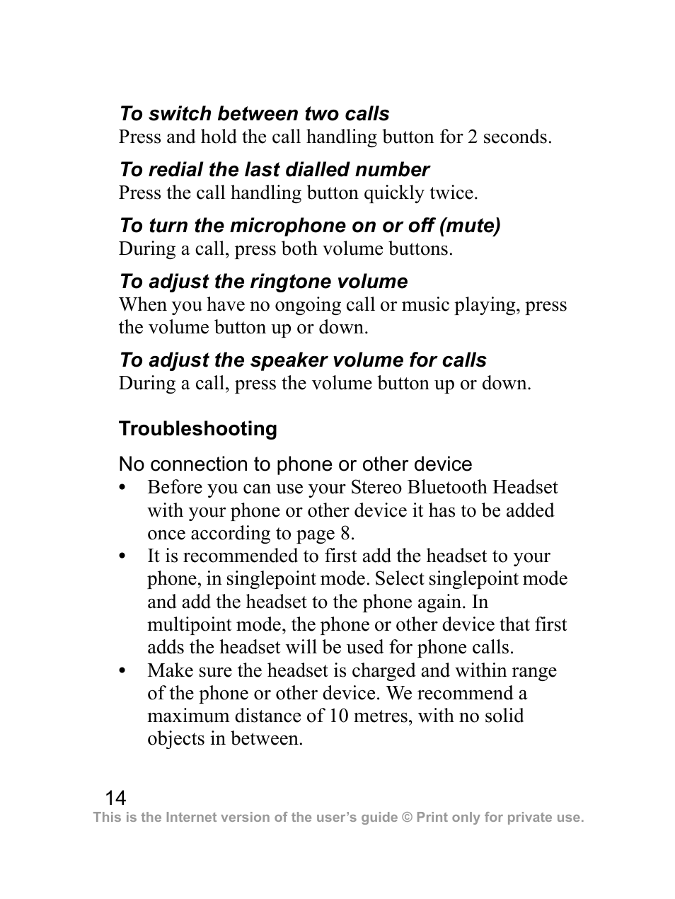 Troubleshooting | Sony Ericsson HBH-DS970 User Manual | Page 15 / 64