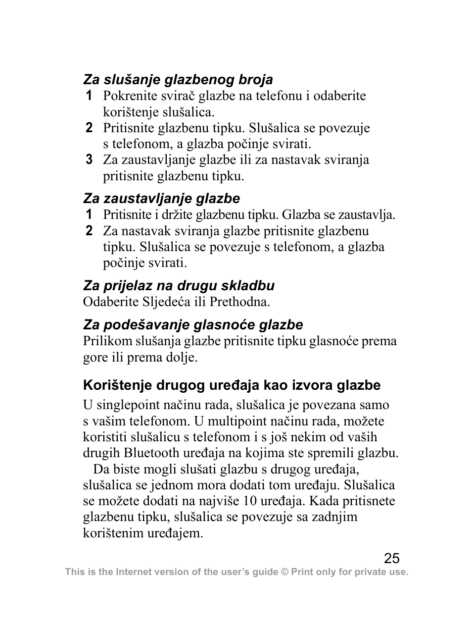 Korištenje drugog uređaja kao izvora glazbe | Sony Ericsson HBH-DS970 User Manual | Page 26 / 64
